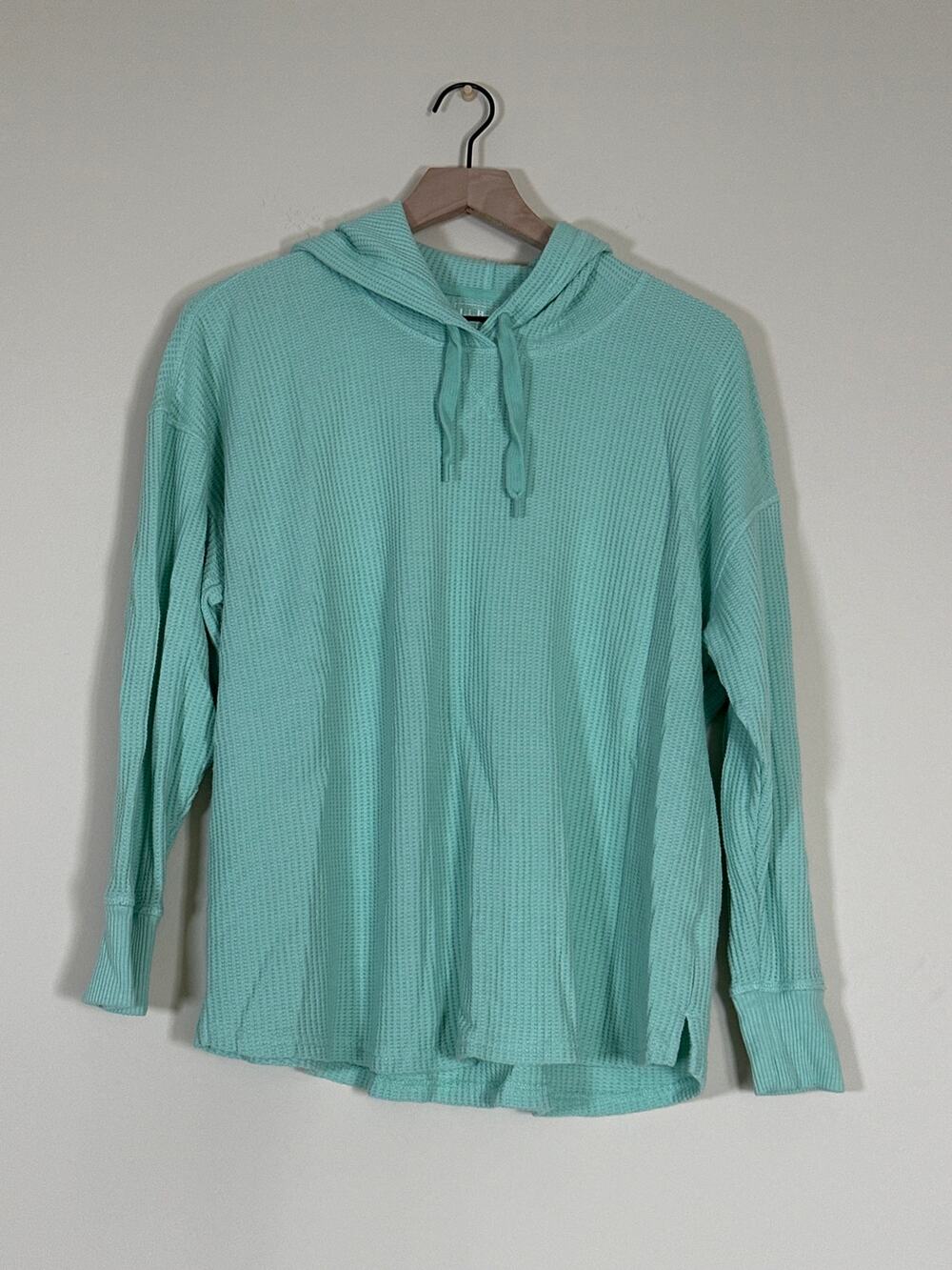 L.L.Bean Waffle Knit Hooded Pullover Top Mint Green XL Petite